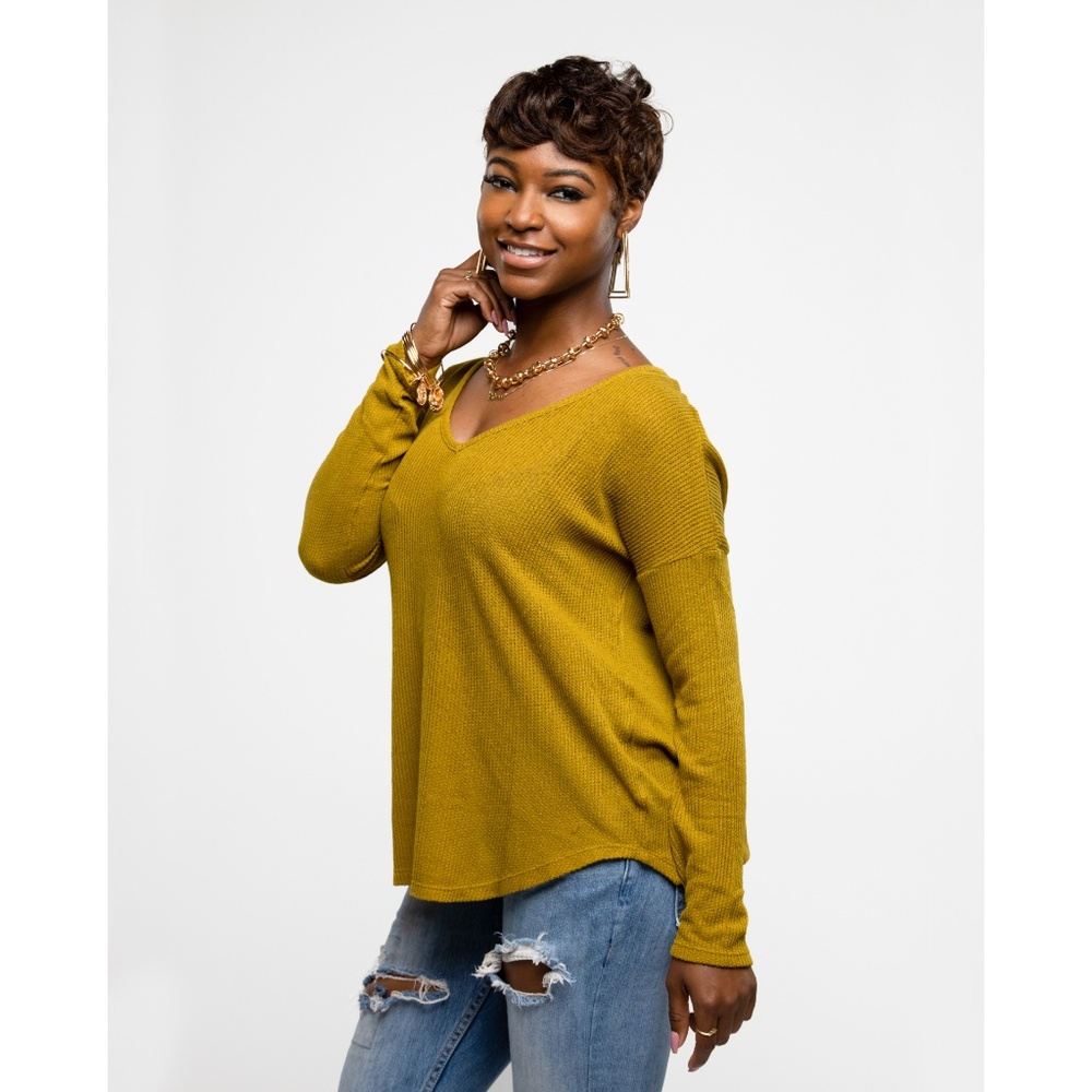 BACK TO BASIC GREEN WAFFLE LONG SLEEVE TOP